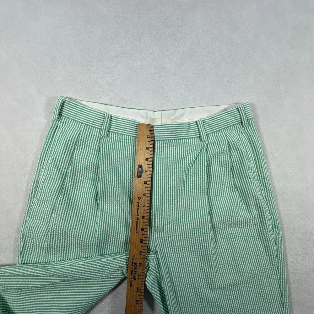 VTG Jos A Bank Mens Green White Seersucker Pleated Pants Striped Trousers 36x32